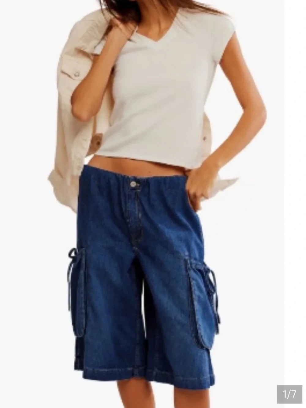 Free People Dark Blue Denim Cargo Shorts with Side Ties